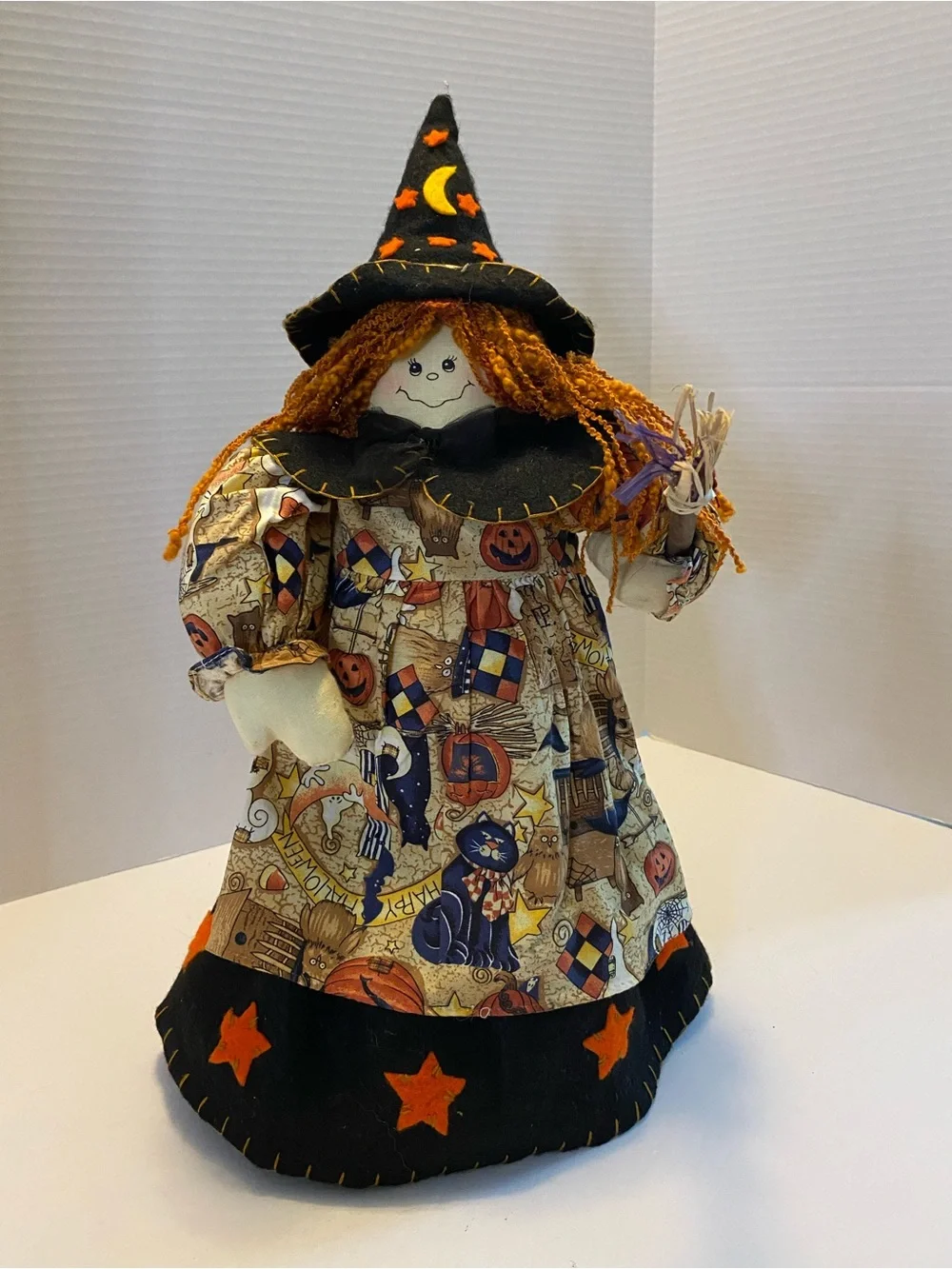 Vintage Witch With Broom Fabric Orange And Black Weighted Bottom Prima Creations